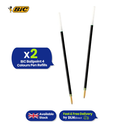 BIC Ballpoint Pen Refills Medium Point 1.00 mm 4 Colours Blue Green Red Black 2 Pack Biros Refill