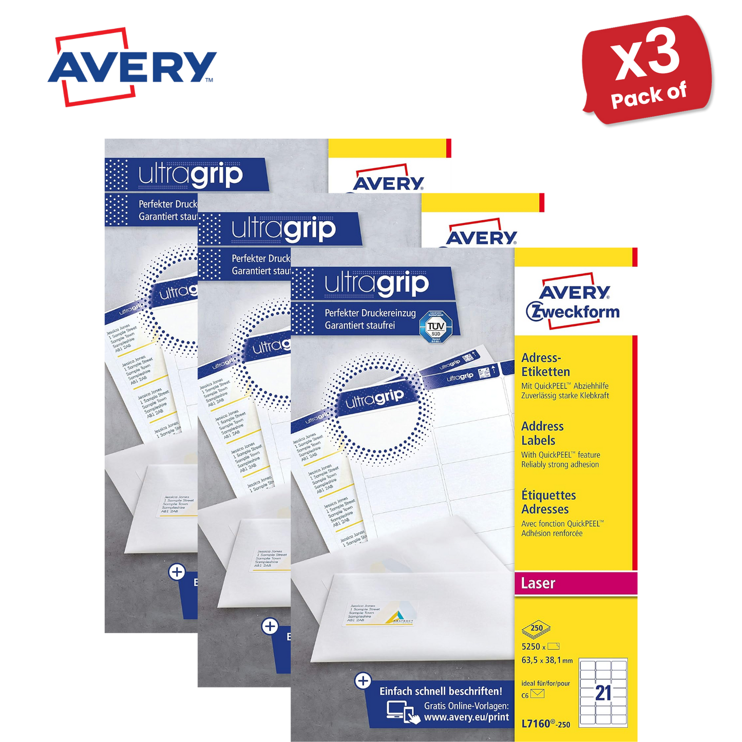 Avery L7160-250 Address Labels, 250 Sheets, 5250 Labels 63.5 x 38.1mm - 1 to 5