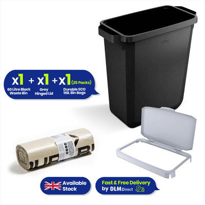 DURABIN 60L Black Bin Set and Grey Hinged Lid with 25x 110L Bin Bags