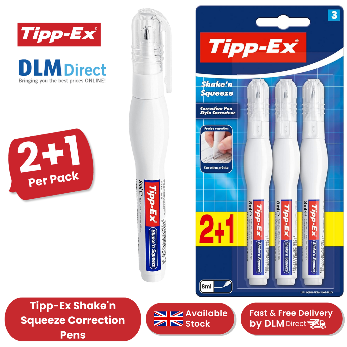 Tipp-Ex Correction Pen 8ml - Quick-Drying, Precise Error Correction, Pack of 3