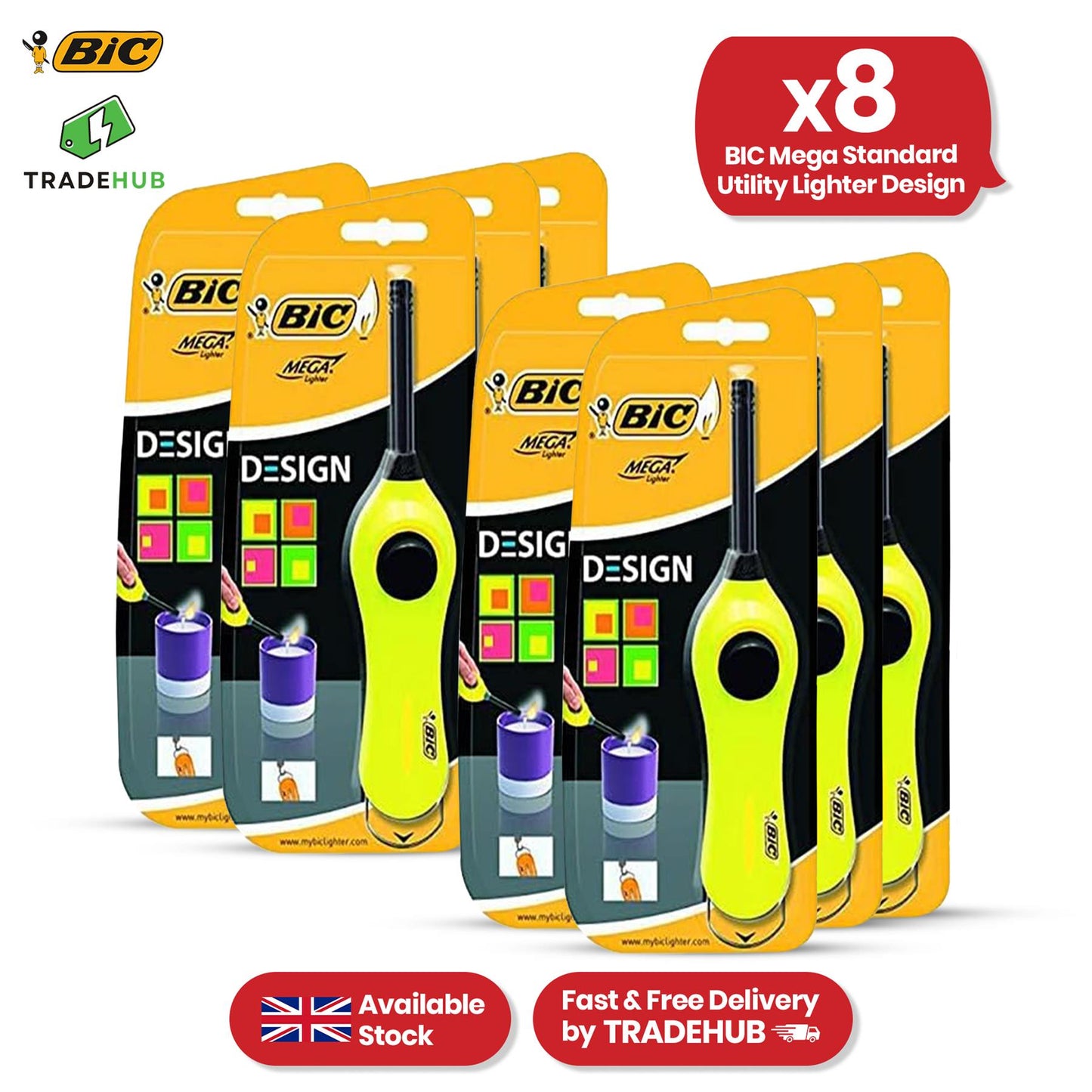 BIC Mega Utility Lighter - Plastic 6cm Wand Cooking Lighter, Push Button Lighters for BBQ