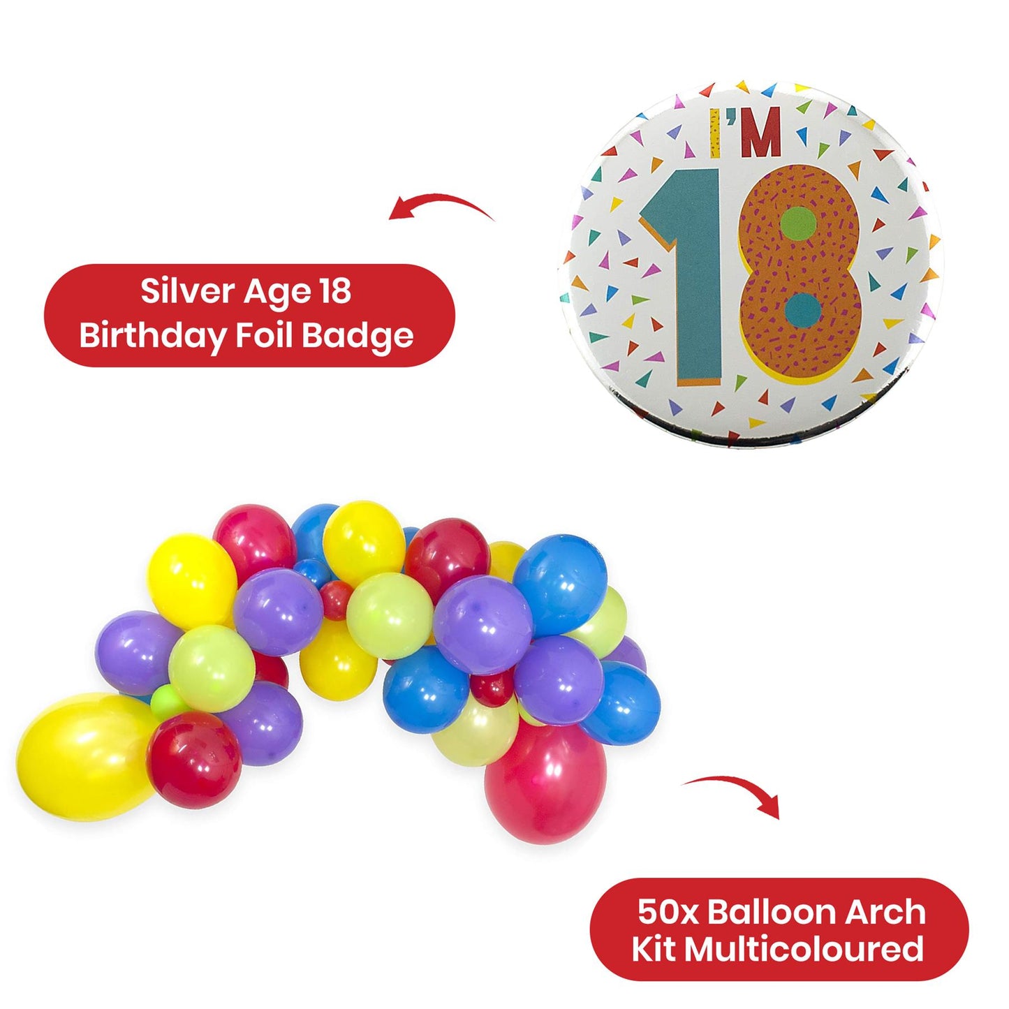 50pcs Balloon Arch Kit with Silver Age 18 Foil Birthday Badge for 18th Party Backdrop & Door Display