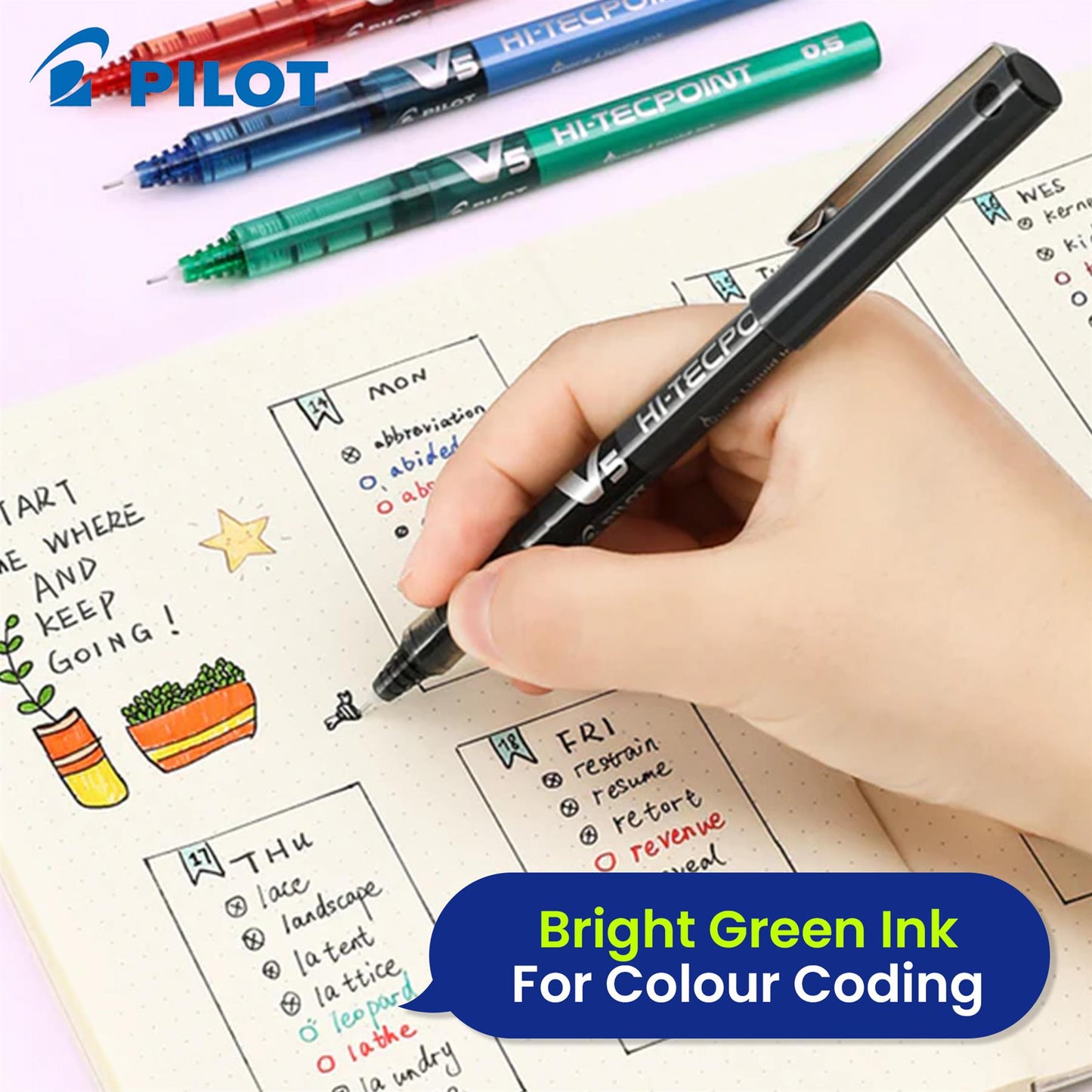 Pilot V5 V7 Ink Cartridges for Hi-Tecpoint Rollerball Pen, Green Ink, Pack of 3