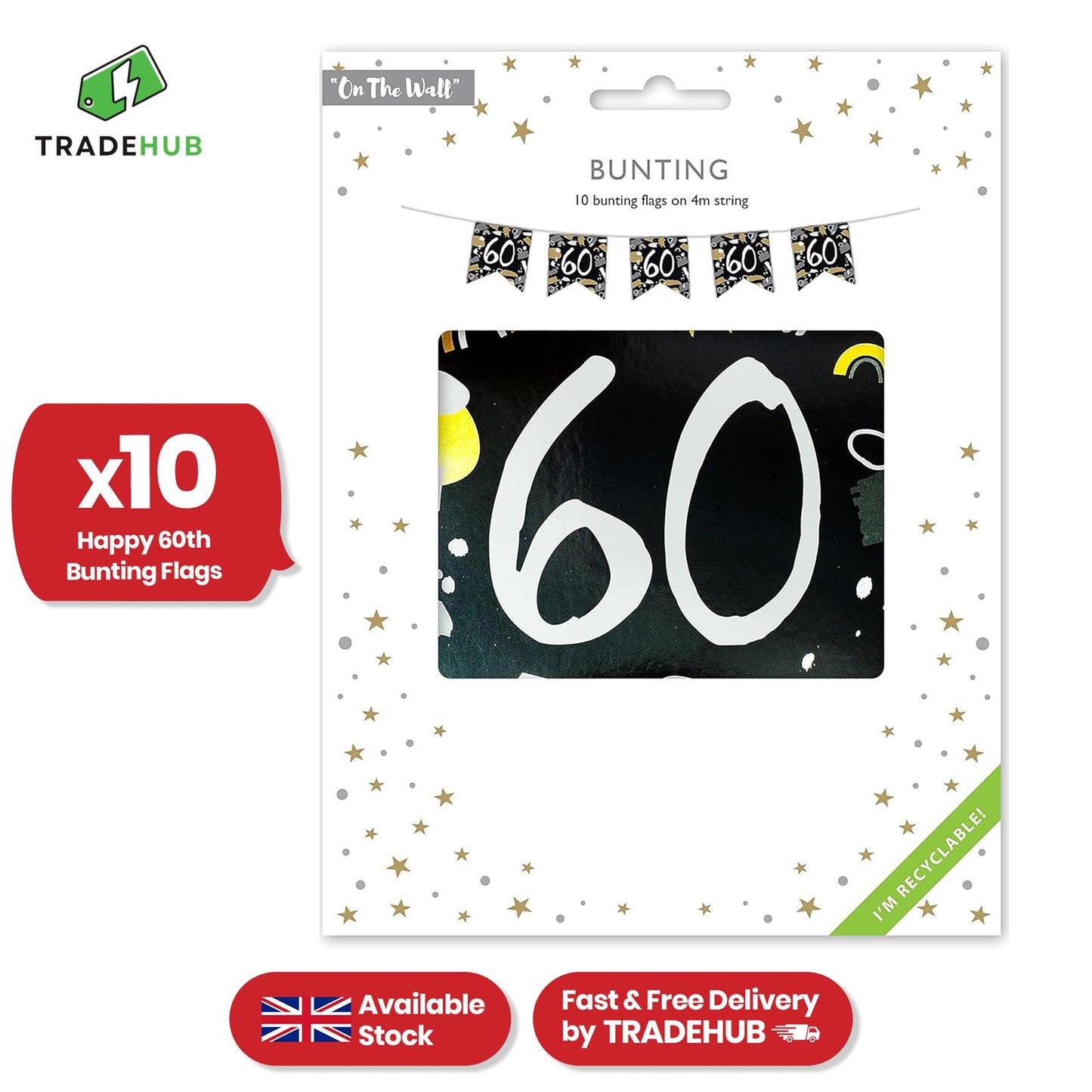 On The Wall Happy 60th Birthday Black and White Bunting 4m 10 Flags Garland