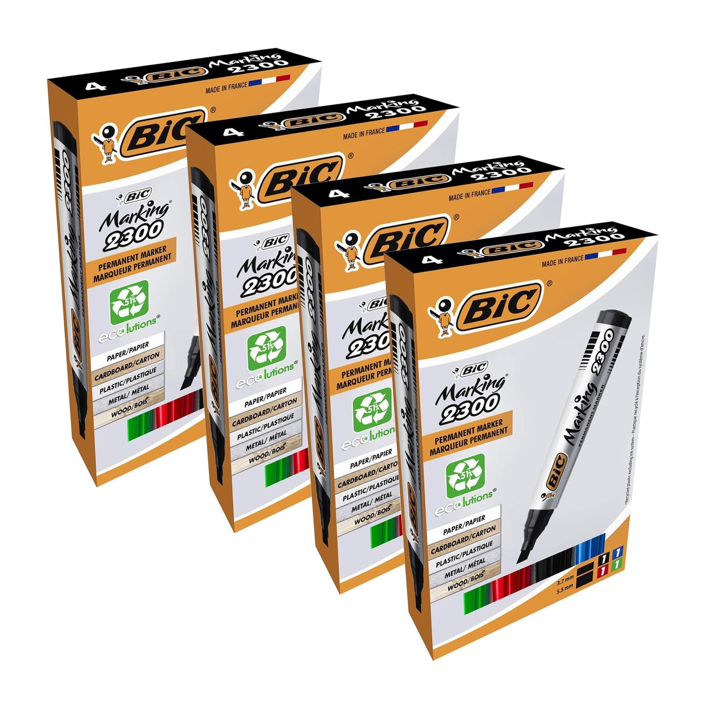 Bic 2300 Bullet Tip Permanent Marker Black, Blue, Red, Green) Pack of 4 Markers