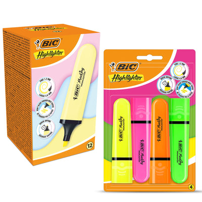BIC Highlighter Flat Marker Pastel Yellow Pack of 12 & 4x Assorted  Neon Chisel Tip Quick Dry