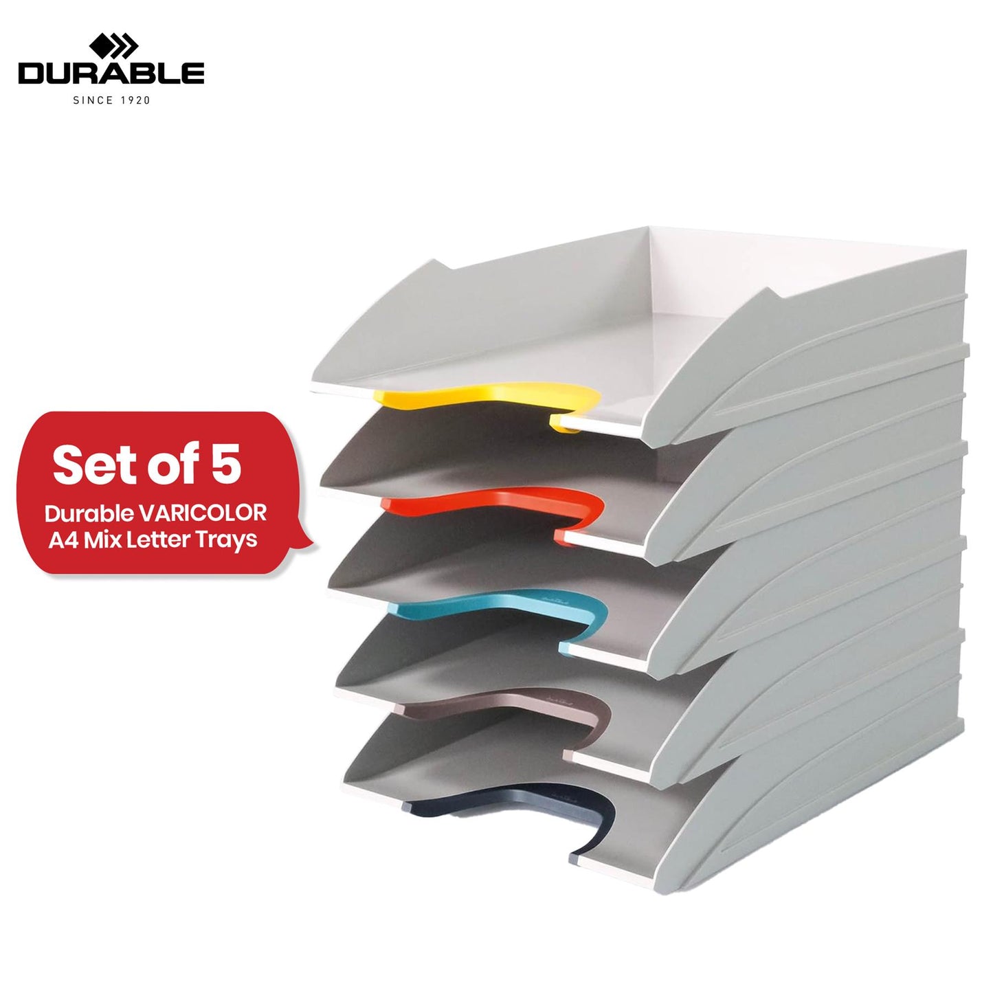 Durable VARICOLOR Letter Trays - 5 ABS Paper Organiser, Colour Grip Handles A4 Paper Trays for Desk