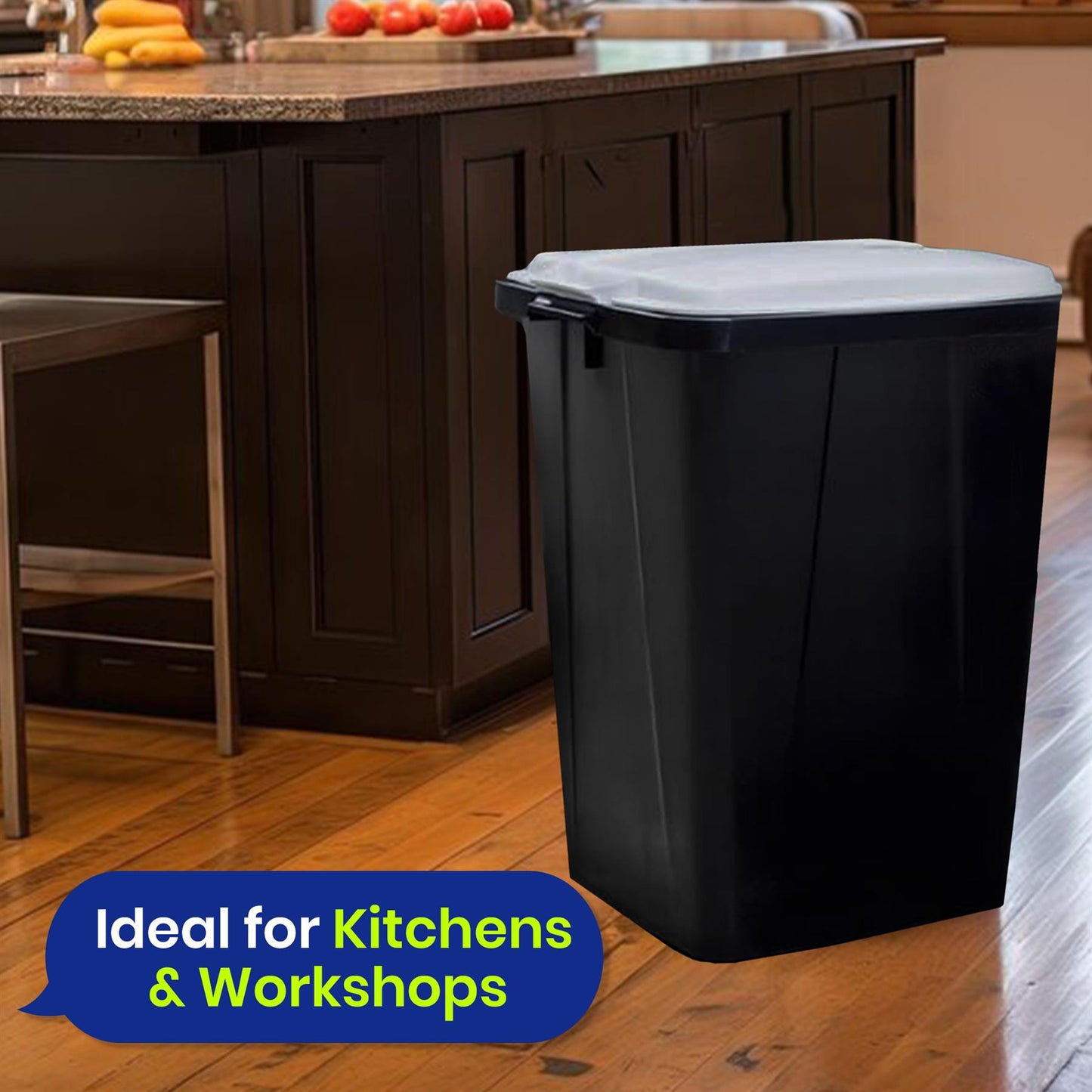 Durable Durabin Black Waste Bin 90L Stackable Plastic Bin with Sturdy Handles