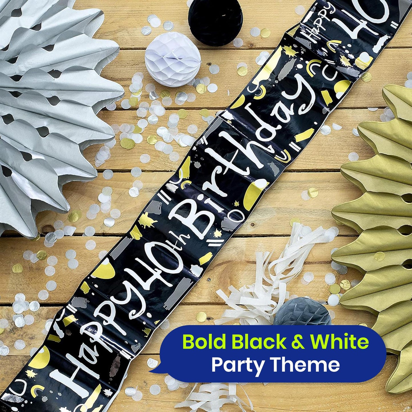 Black and White 40th Birthday Banner and Bunting Decor Set for Party Spaces