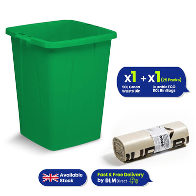 110L Bin Bags 25 Pack and 90L DURABIN Green Waste Bin Bundle Strong Recycled Plastic Set