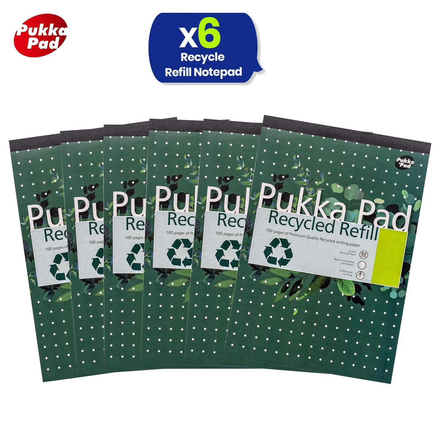 6x PUKKA PAD A4 Recycled Refill Notepad 110 Pages Feint Ruled for Office and Study