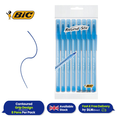 Bic Round Stic Medium Writing Ball Pen - BLUE - PACK OF 8