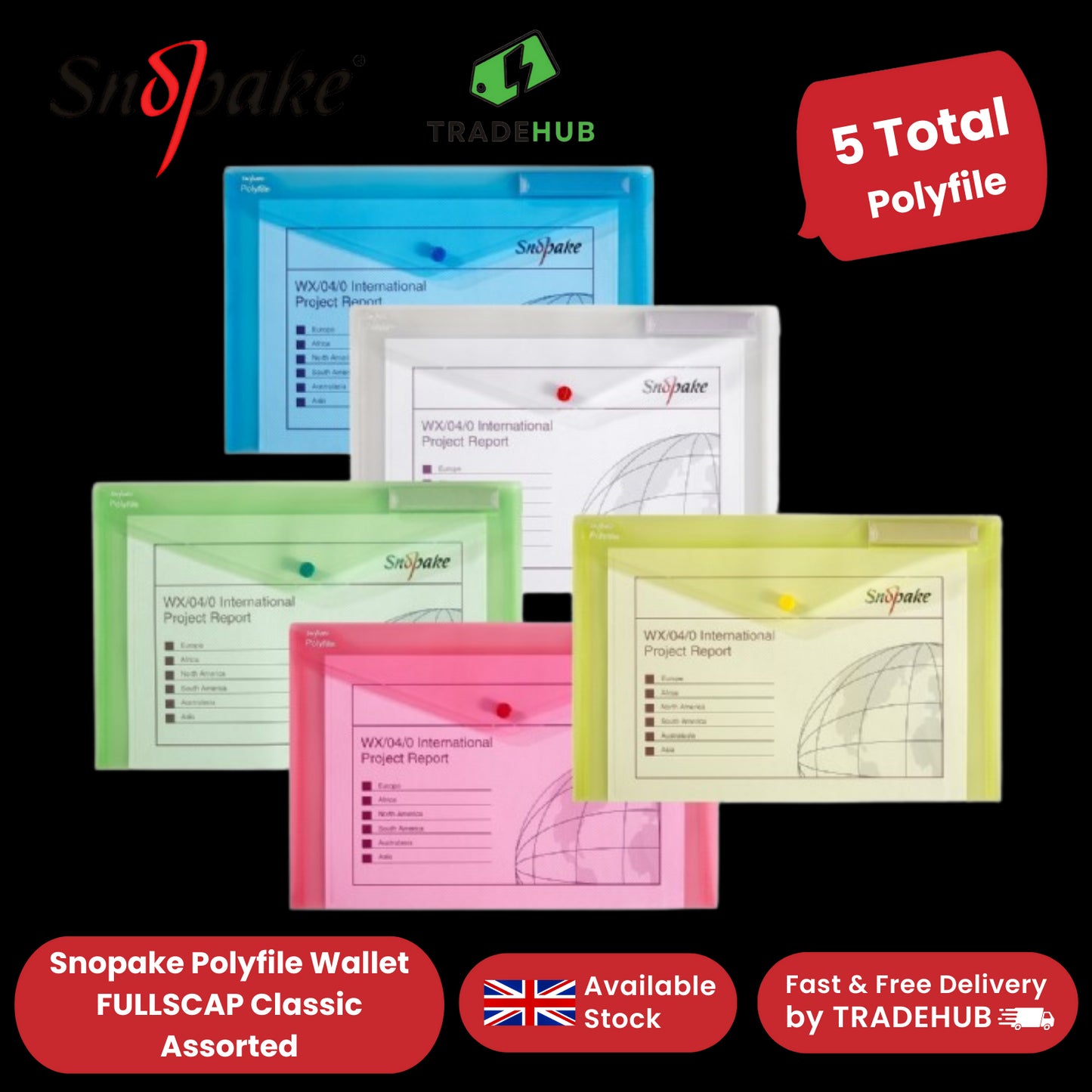 Snopake Polyfile Wallet FULLSCAP Classic Assorted - Pack Of 5 - 1 to 5 Packs