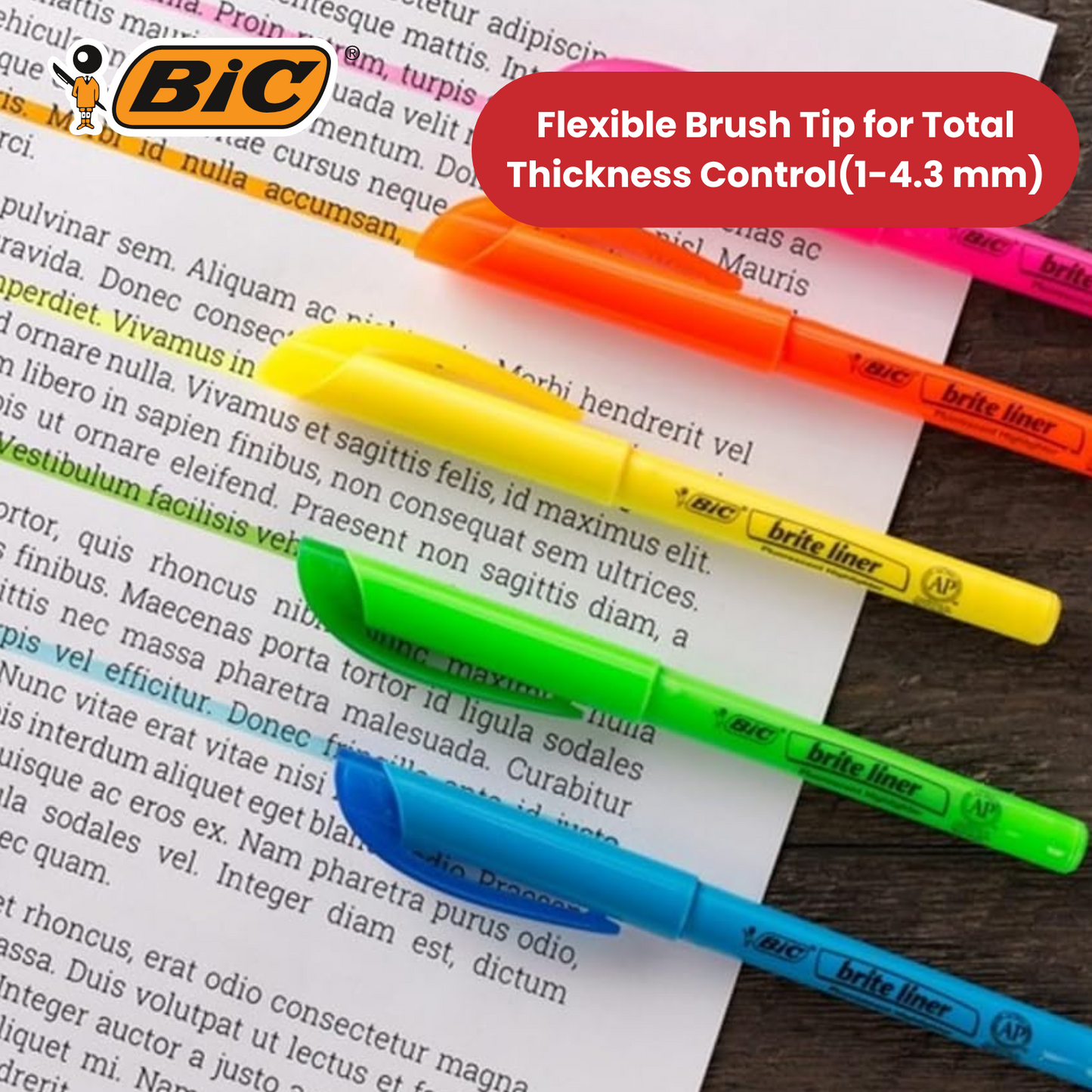 Bic brite liner Grip (1.6 to 3.3 mm) Chisel Tip Highlighter Pen Assorted (1 x Pack of 5 Highlighter Pens) - 1 to 5 Packs