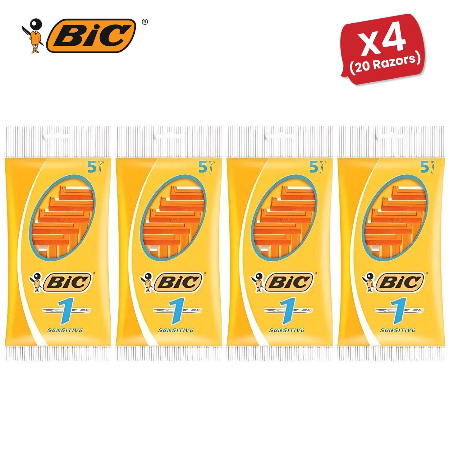 BiC Single Blade Sensitive Razors for Sensitive Skin, Everyday Use - Pack of 5