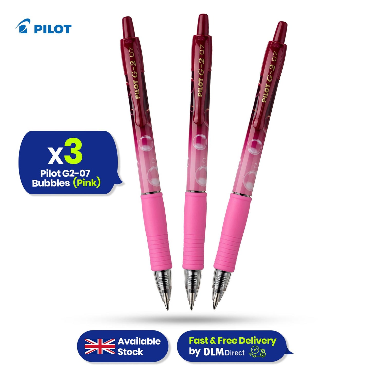 Pilot G2-07 - Bubbles - Pink - Blue Ink - Pack of 3