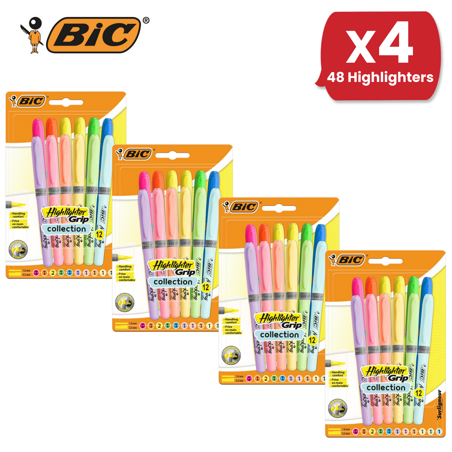 BIC Marking Highlighter Grip Collection Multi Colours Office & School Pack of 12