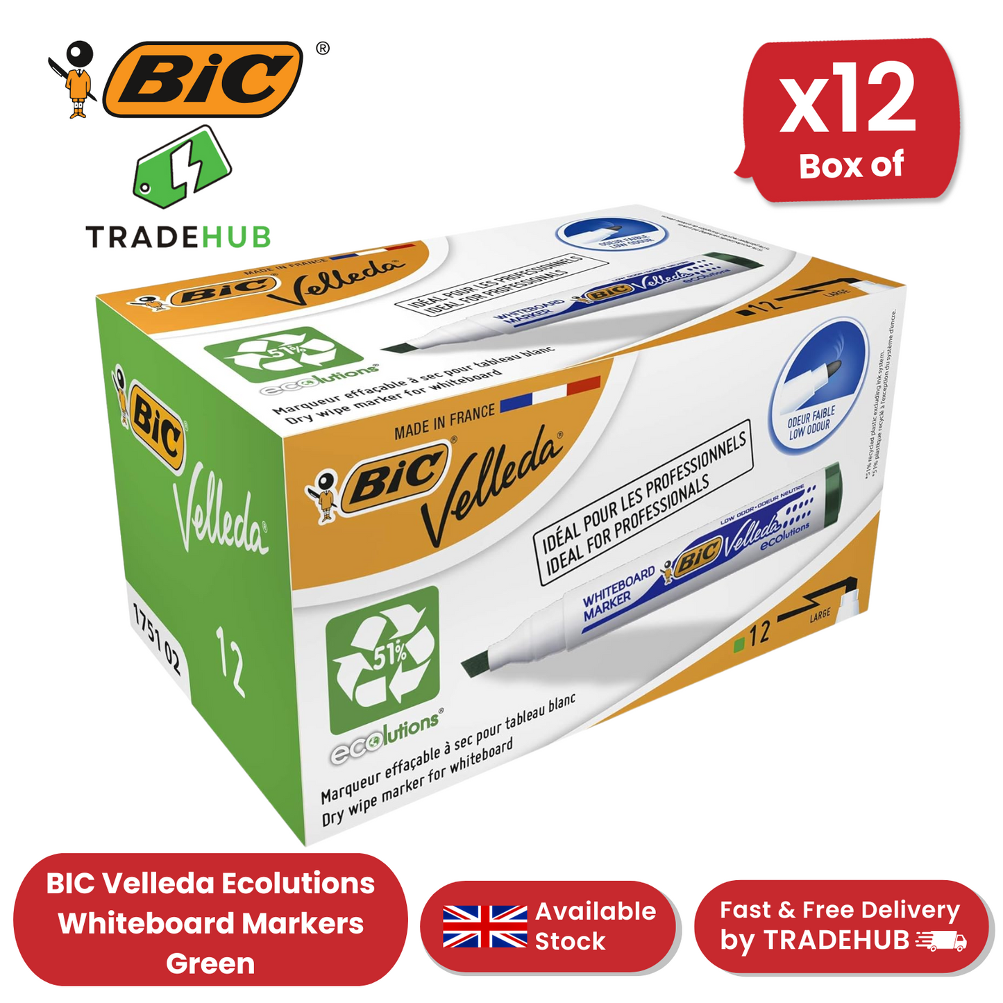 BIC Velleda 1751 ECOlutions Whiteboard Markers Green - Box of 12 - 1 to 5 Packs