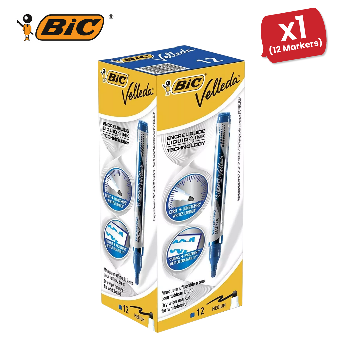 BIC Velleda Liquid Ink Dry Wipe Markers - Blue Ink, Smooth Writing, Pack of 12