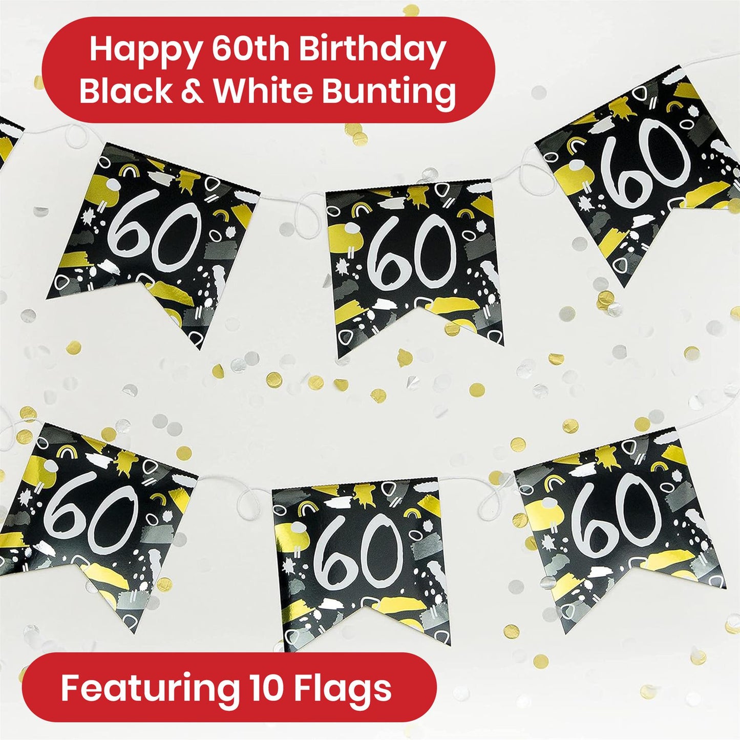 On The Wall Happy 60th Birthday Black and White Bunting 4m 10 Flags Garland