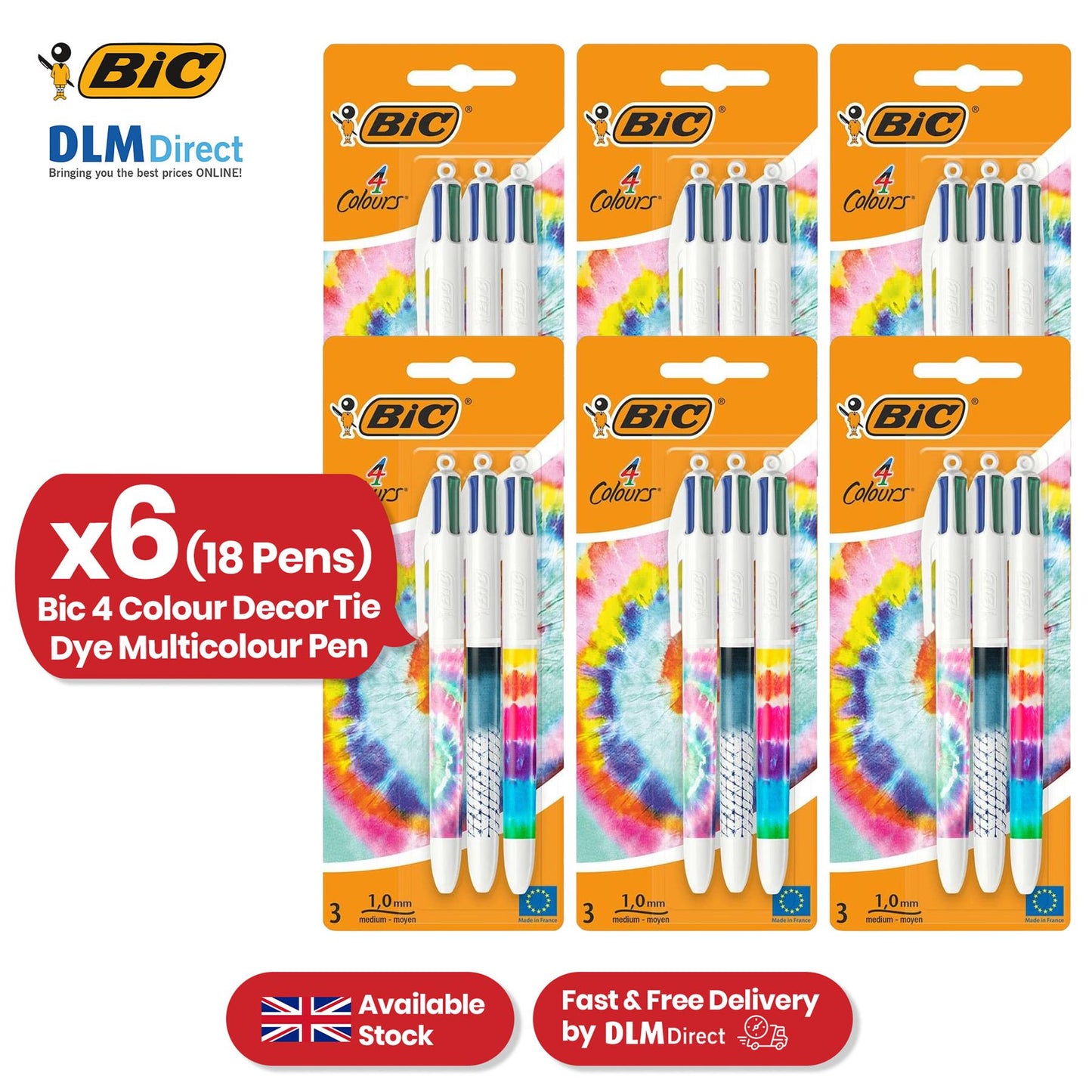 BIC 4 Colour Tie Dye Ballpoint Pens - Retractable Coloured Ballpoint Pens for Projects