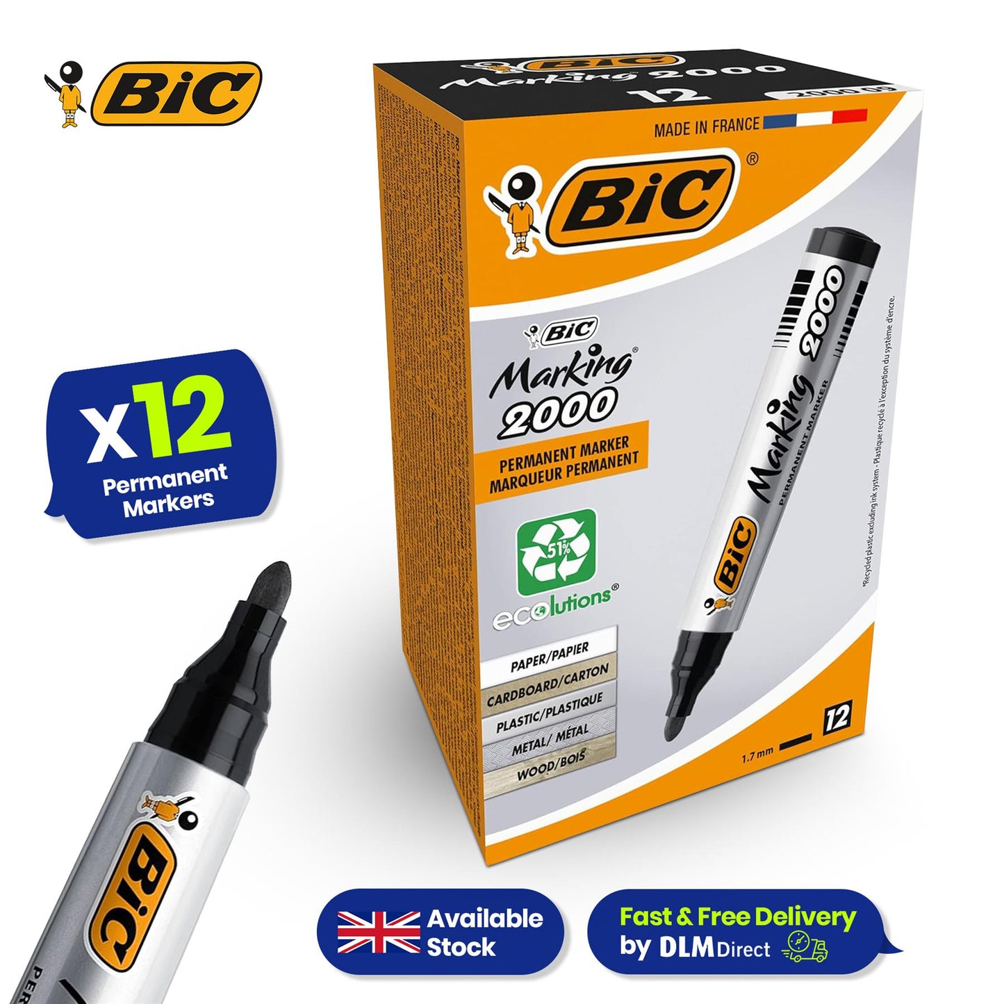 Bic 2000 Permanent Black Bullet Tip Marker (Pack of 12) 820915