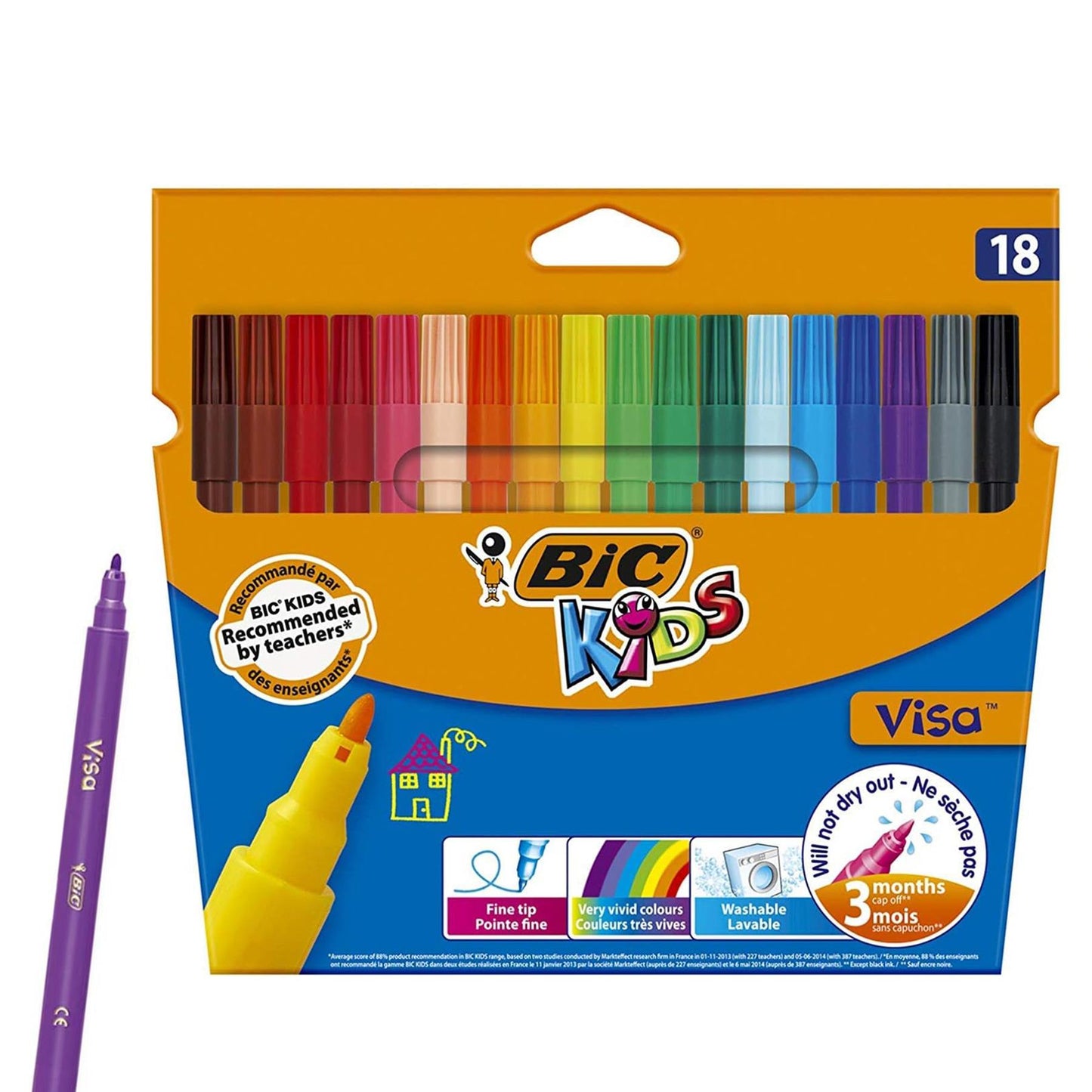 BIC Kids Colouring Pens 18 Pack Fine Tip Washable Felt Pens for School and Art