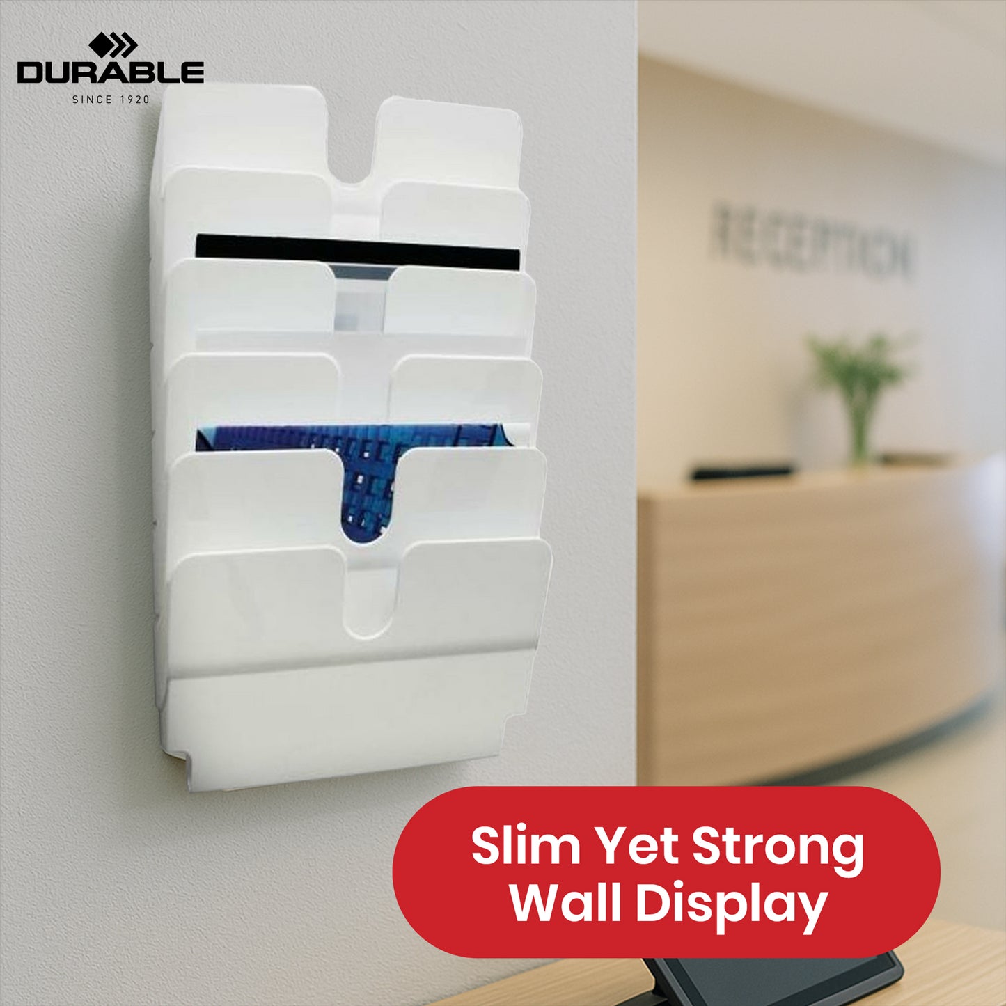 Durable A4 Leaflet Holder White Polystyrene Brochure Holder, 6 Slots Document Holders for Office
