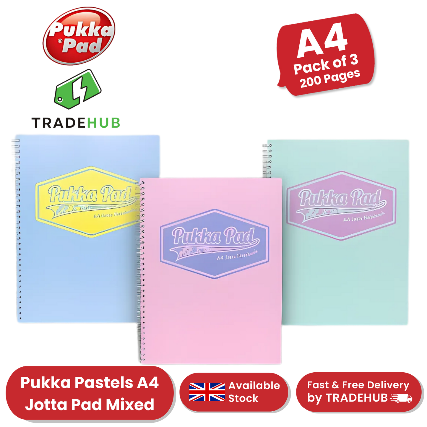 Pukka Pad Pastel Jotta Pad A4, Lined Notebook for School, Work & Notes Pack of 3