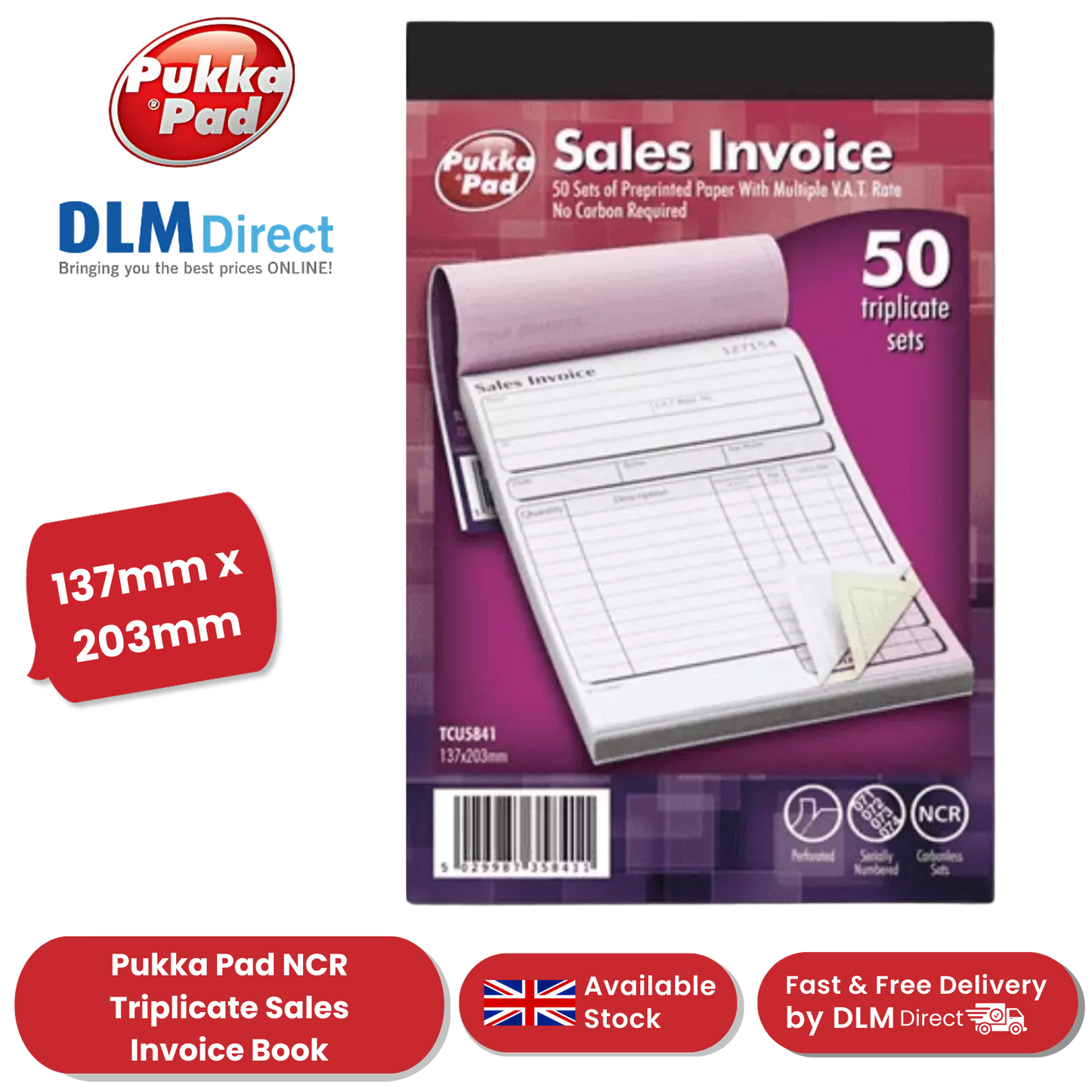 Pukka Pad NCR Triplicate Sales Invoice Book 203 x 137mm - Single - 1 to 36 Packs