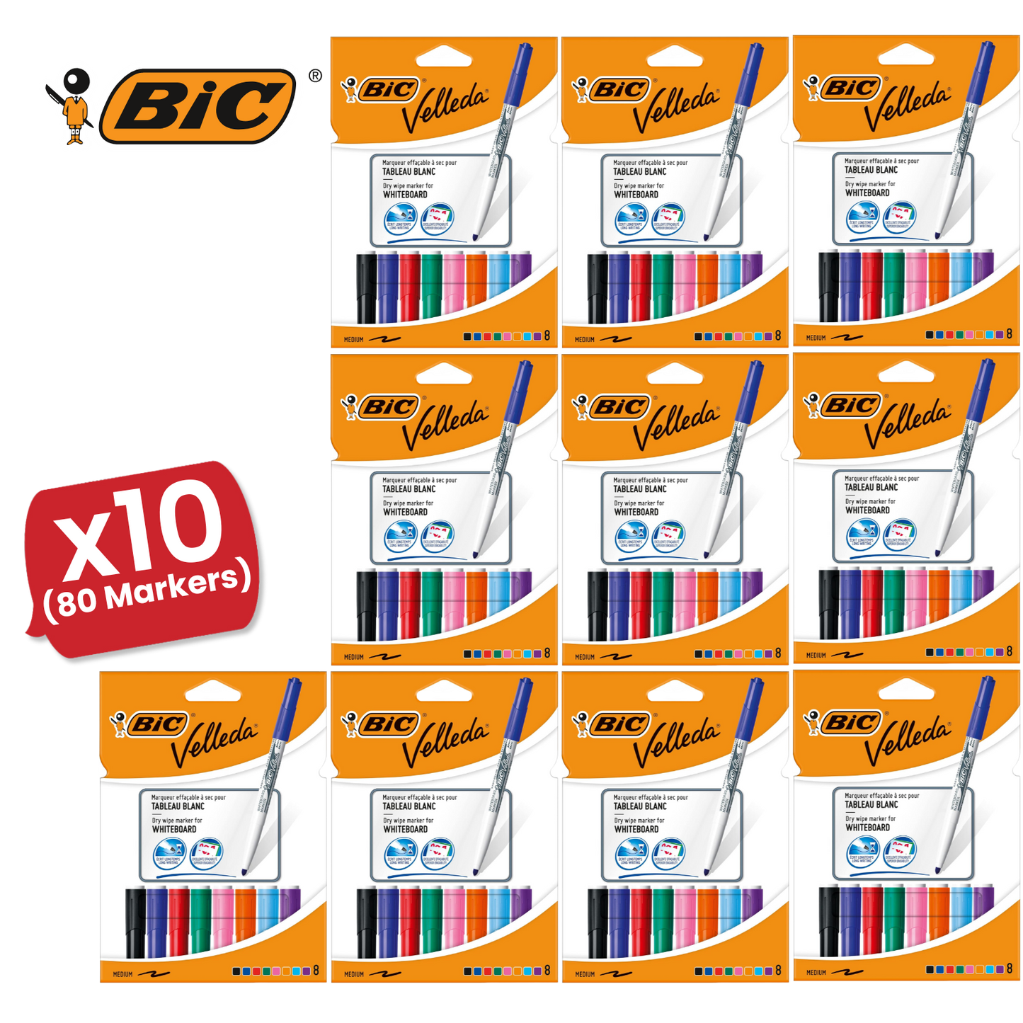 Bic Velleda 1741 Whiteboard Drywipe Assorted Marker - Pack of 8 - 1 to 5 Packs