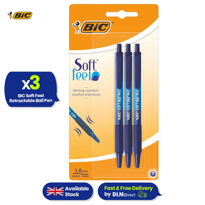 BIC Soft Feel Clic Grip Pens Pack of 3 Blue Ballpoint Pens with 1mm Tip