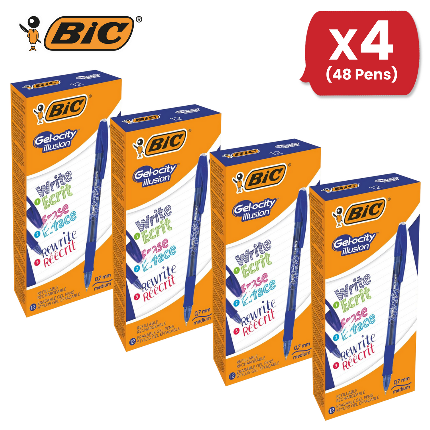 BIC Gel-Ocity Illusion 0.7mm Erasable Gel Pens Blue - Pack of 12 Refillable