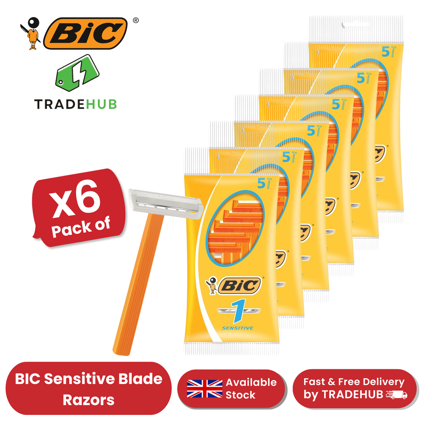 Bic 1  Single Blade Sensitive Razors 5's - Pack of 6