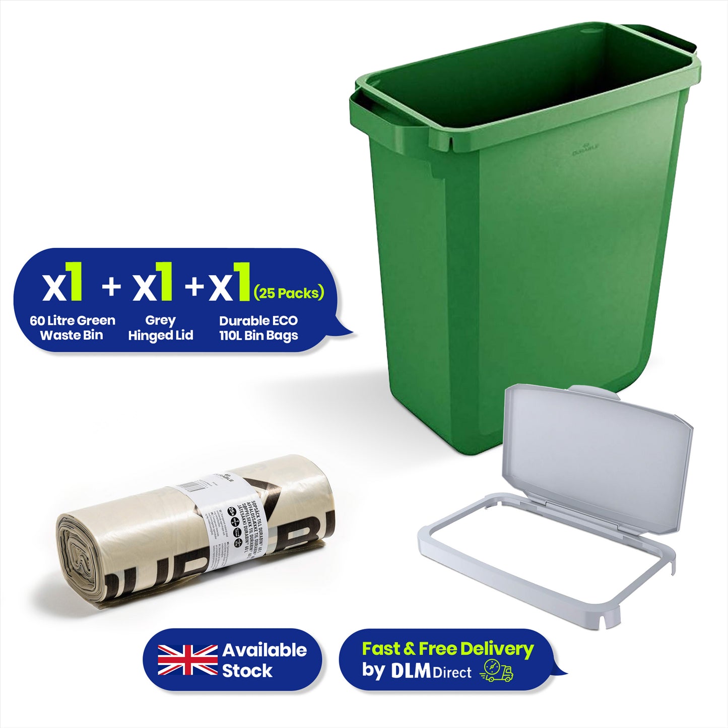 DURABIN 60L Green Bin Set & Grey Hinged Lid and 25x 110L Recycled Bin Bags