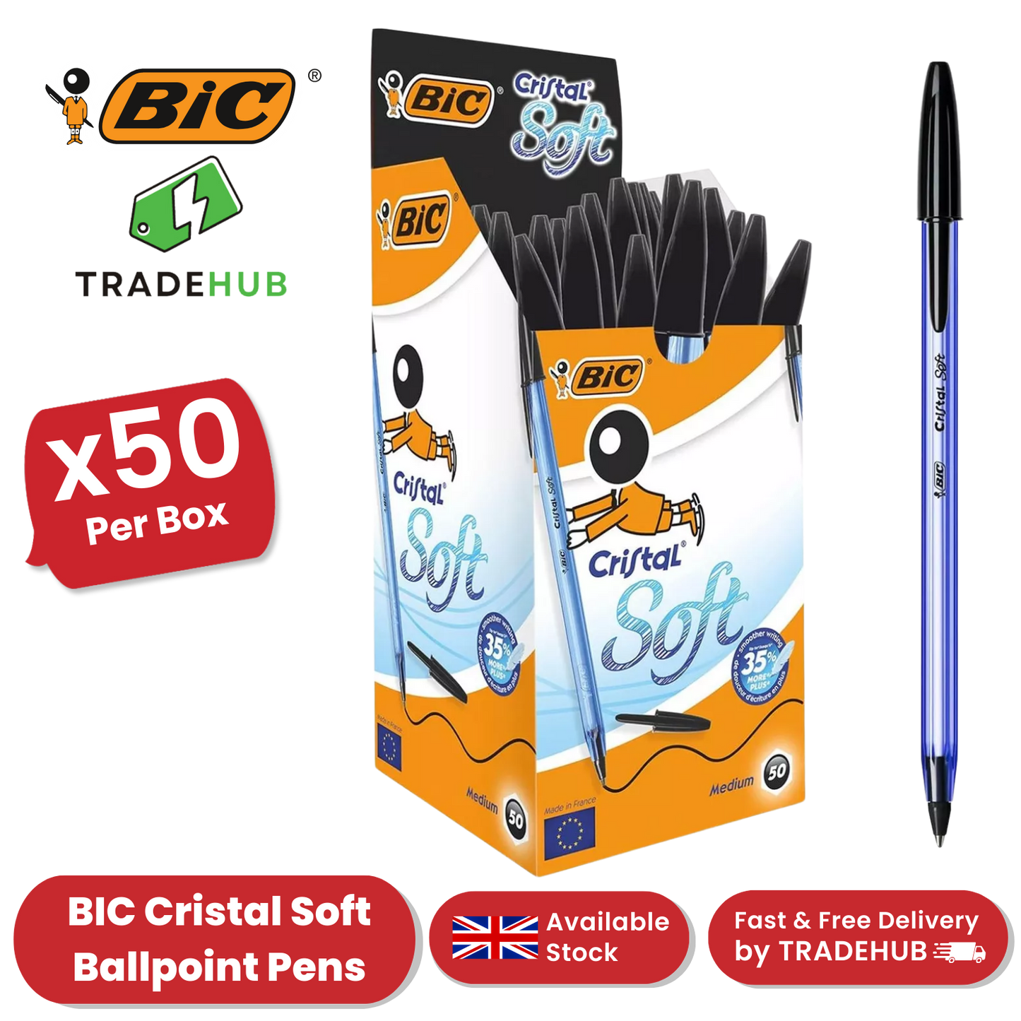 BIC Cristal Soft Black Ballpoint Pens, Smooth And Reliable Writing - Pack of 50