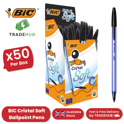 BIC Cristal Soft Black Ballpoint Pens, Smooth And Reliable Writing - Pack of 50