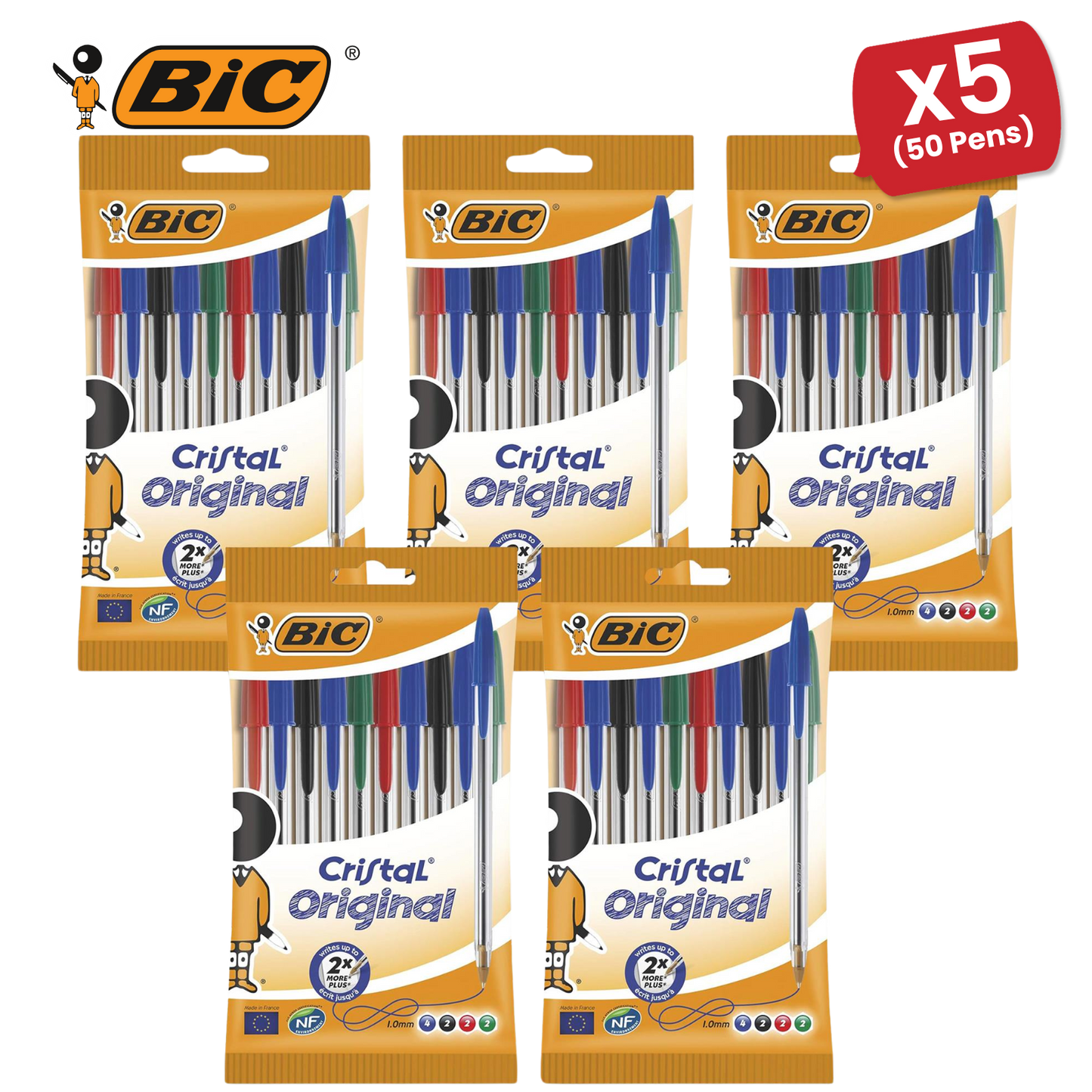 BIC Cristal Original Ballpoint Pens, Fine 1.0mm, 10 Assorted Colours, Comfortable Grip for School and Office