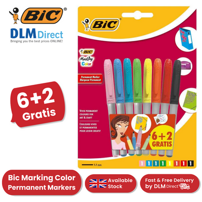 BIC Marking Color Permanent Markers 1.1mm Fine Tip - Pack of 8 Multi-Surface Use