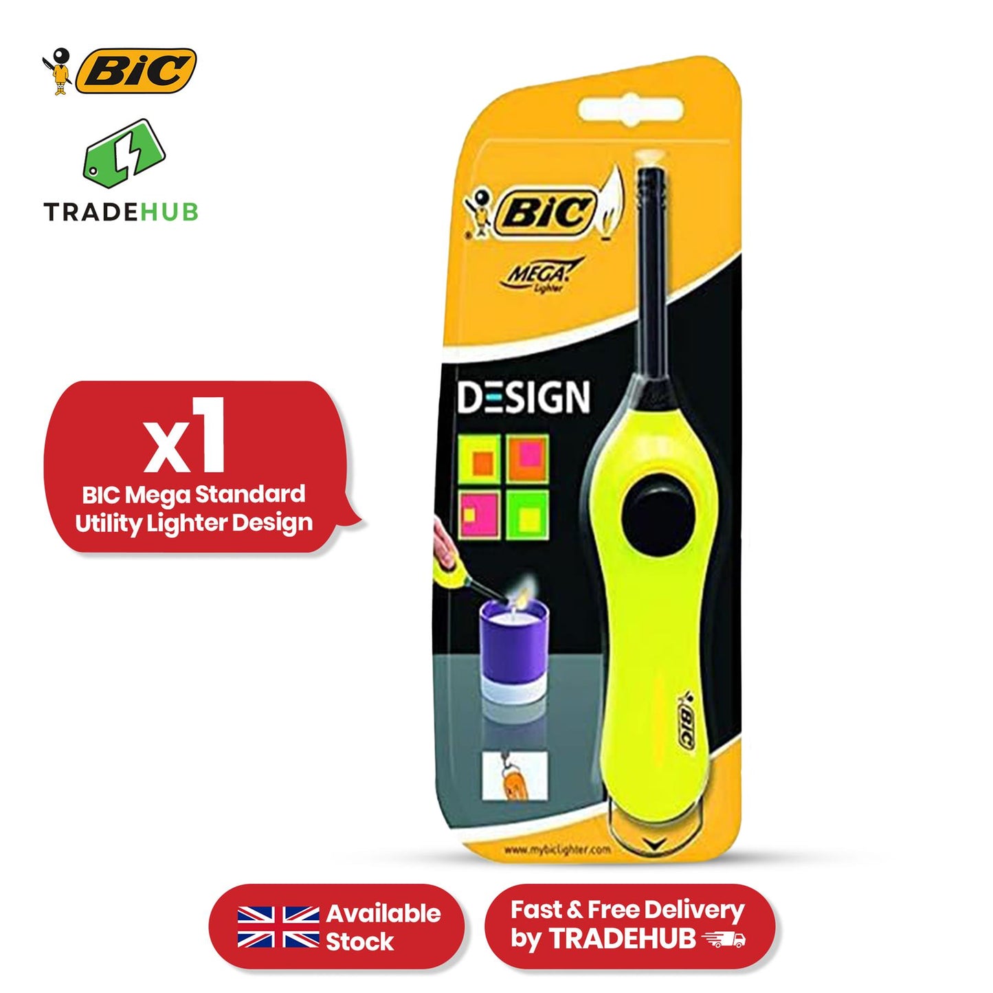 BIC Mega Utility Lighter - Plastic 6cm Wand Cooking Lighter, Push Button Lighters for BBQ
