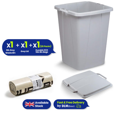 Durable DURABIN 90 Lid Grey+ Durable DURABIN ECO 90 Litre Recyled Plastic Waste Bin - Grey+ Durable ECO 110L Bin Bags 100% Recycled