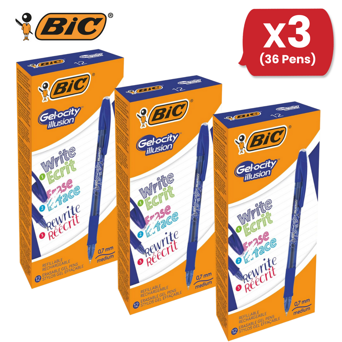 BIC Gel-Ocity Illusion 0.7mm Erasable Gel Pens Blue - Pack of 12 Refillable
