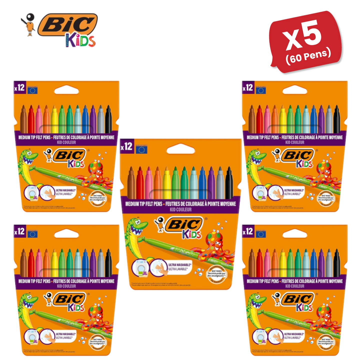 BIC Kids Kid Couleur Felt Medium Blocked Tip Colouring Pens - Pack of 12