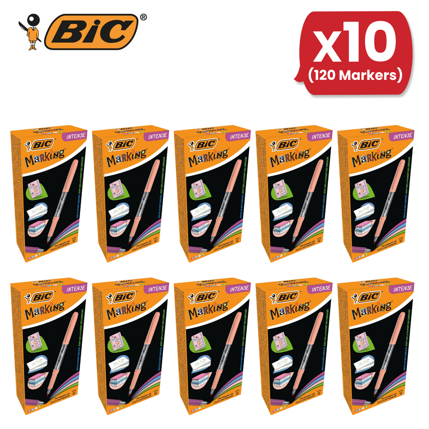 BIC Marking Permanent Markers Fine Tip Assorted Intense & Pastel Colours 12 Pack