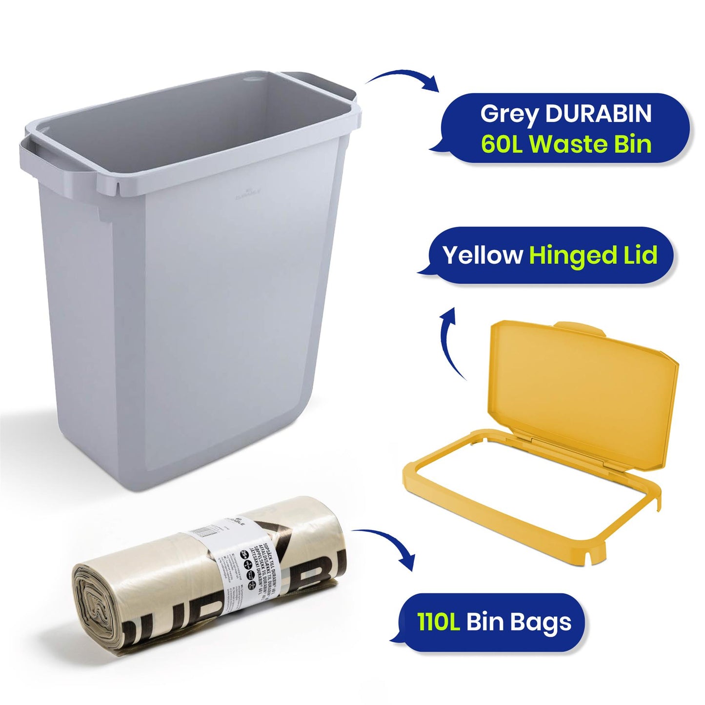 Durable DURABIN 60 Grey+ Durable Durabin Hinged Lid - Yellow+ Durable ECO 110L Bin Bags 100% Recycled