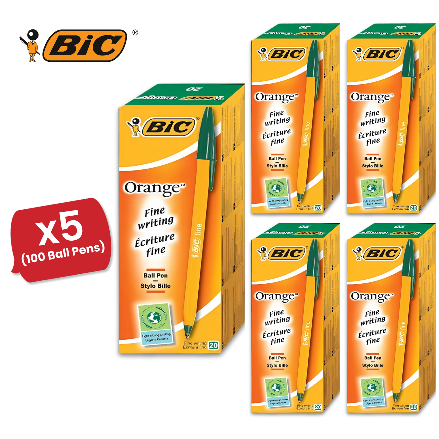 Bic Orange Ball Pen Fine Green PK20 1 to 5 Packs
