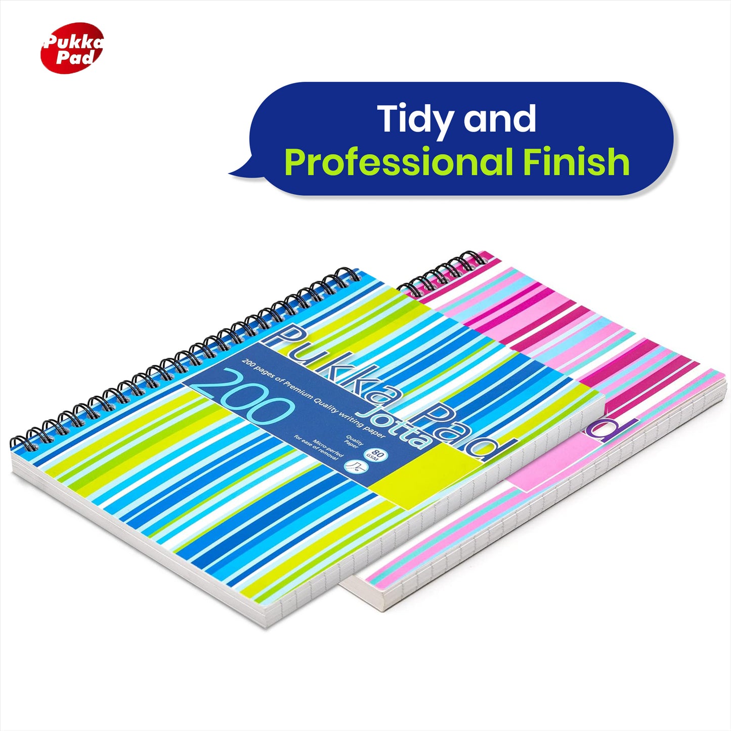 Pukka Pad, Striped Jotta Pad A5 Notebook 3-Pack with Twin Wire Binding - 200 Pages of 80GSM Paper with 8mm Lines and Perforated Edges � Assorted Colours, 21 x 14.5 cm