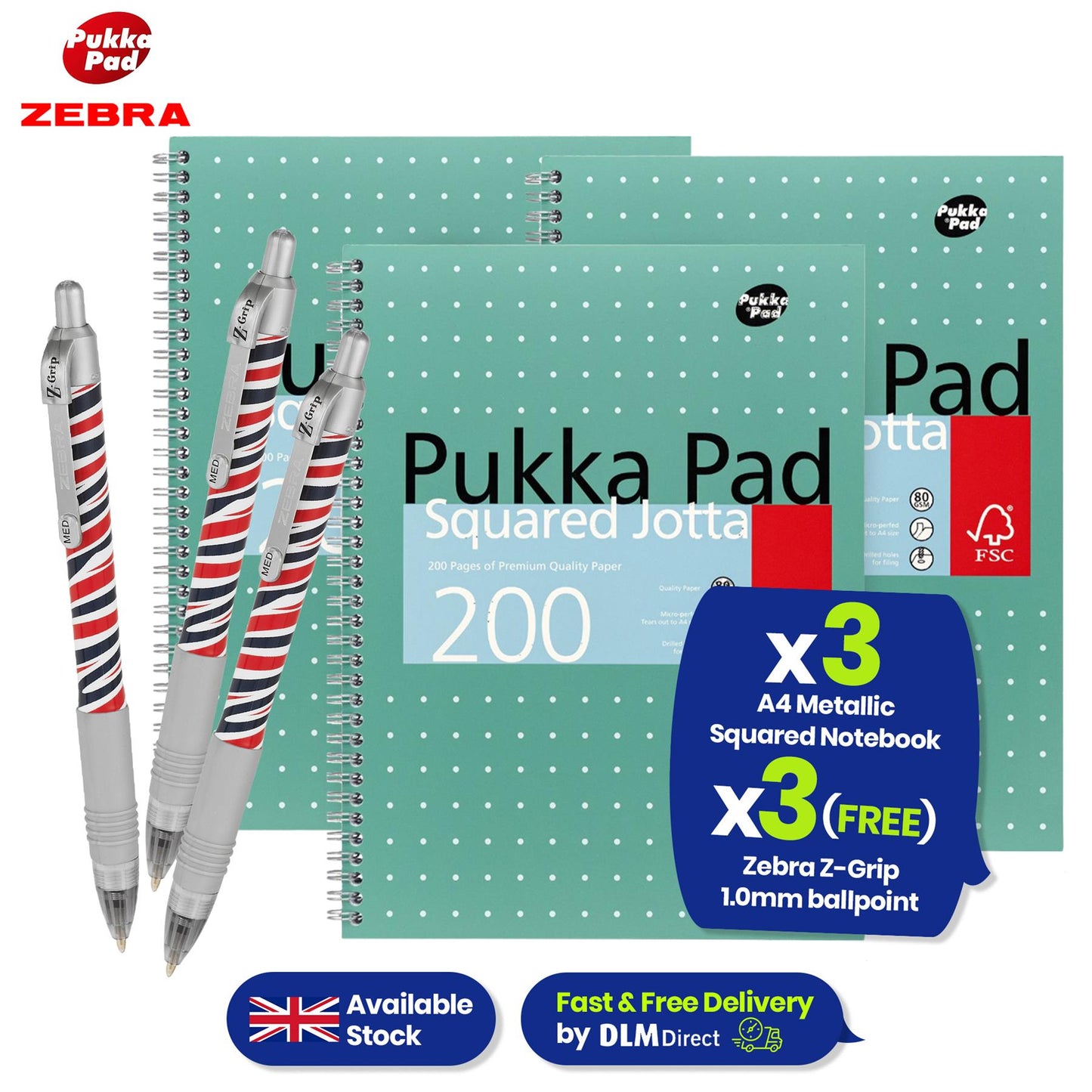 Pukka Pad A4 Metallic Squared 200 Page Notebook with Free Zebra Ballpoint