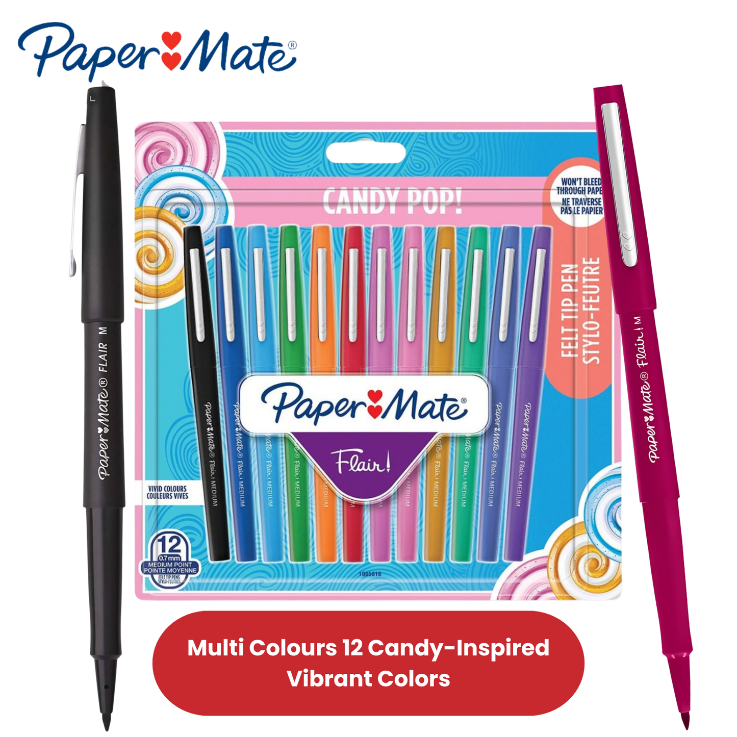 Paper Mate Flair Felt Tip Pens Candy Pop (12-Pack) - Vibrant Colors No-Bleed Ink