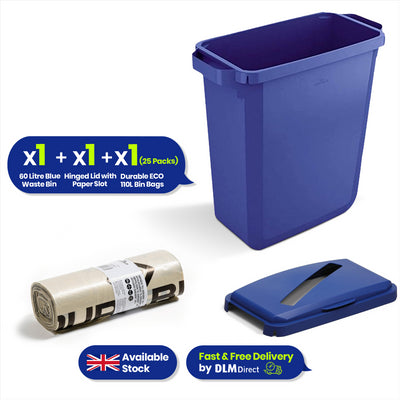 DURABIN 60L Blue Bin Set & Blue Hinged Lid with Paper Slot & 25x 110L Eco Bin Bags